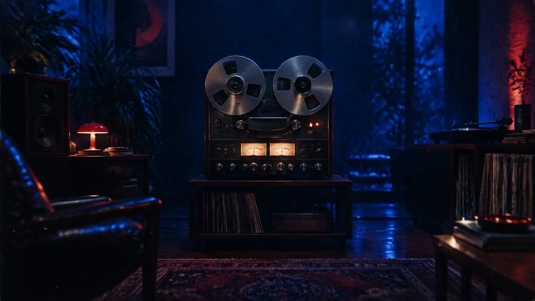 A reel-to-reel tape machine in a blue-lit listening room